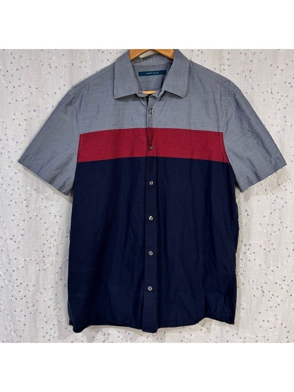 Perry Ellis Colour Blocked Men's Short Sleeve Button-up Size Large